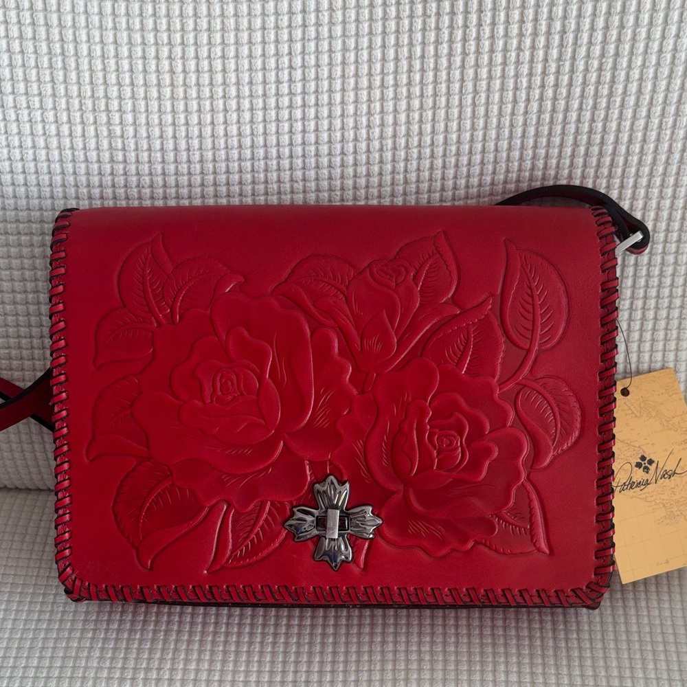 Patricia Nash Red Genuine Leather Floral Crossbody, NWT